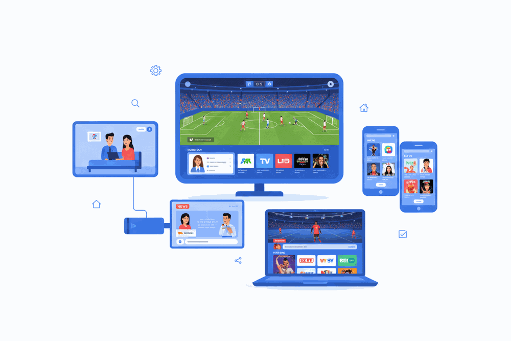 iptv usa us multi-device IPTV subscription running on Smart TV, laptop, tablet, and phone
